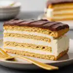 No-bake éclair cake slice showing pudding layers and chocolate ganache