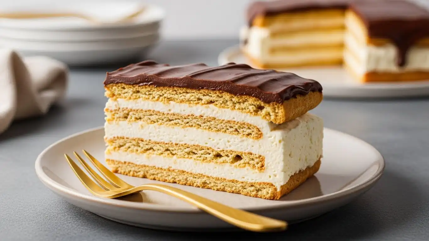 No-bake éclair cake slice showing pudding layers and chocolate ganache