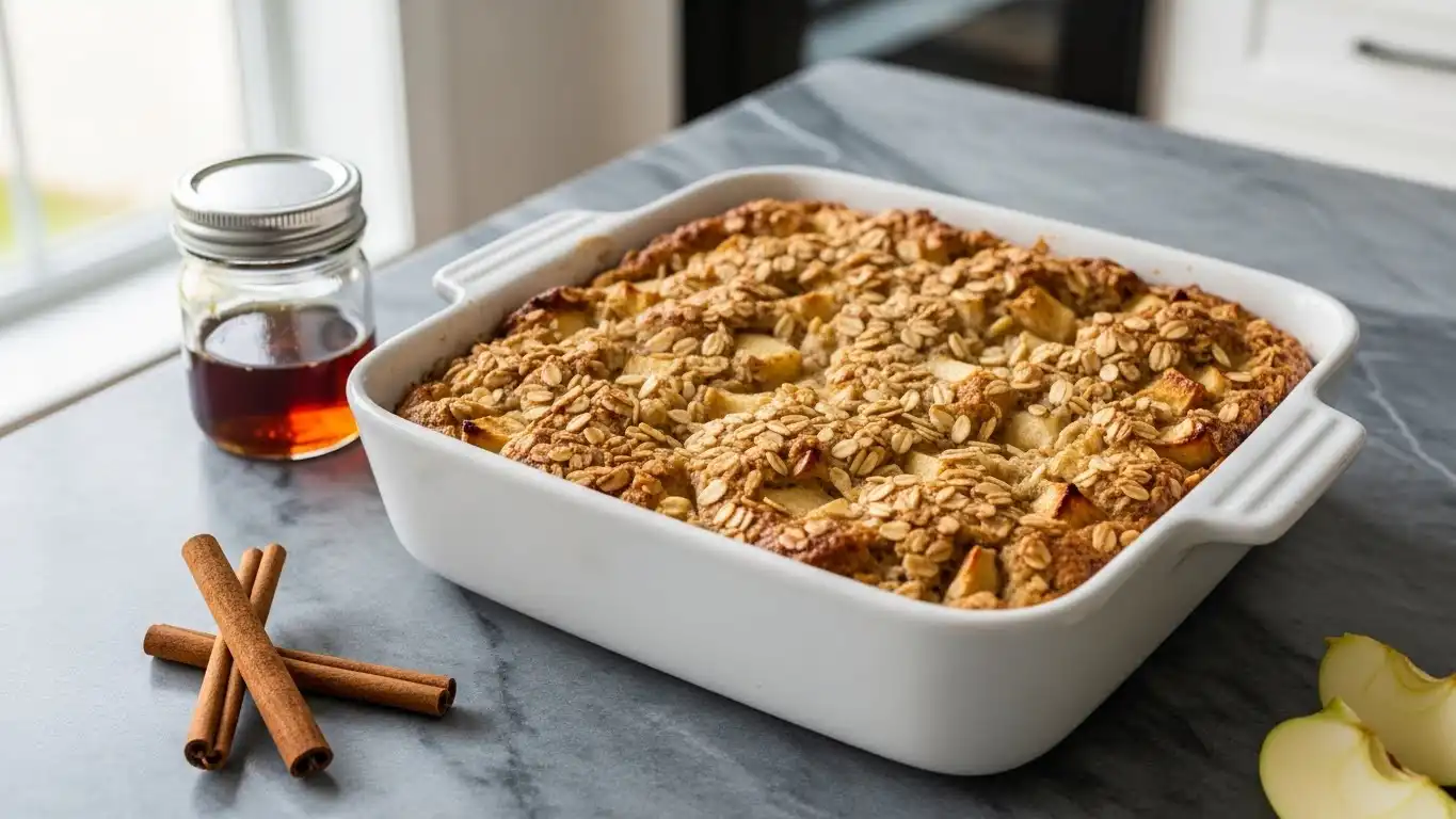Oatmeal apple breakfast bake in modern kitchen on marble counter