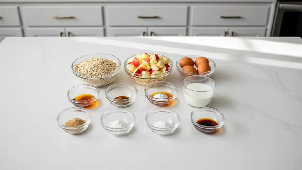 Ingredients for oatmeal apple breakfast bake in glass bowls on modern kitchen island