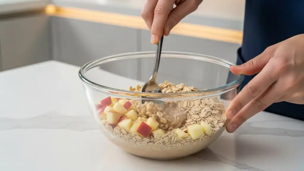 Stirring oatmeal apple breakfast mix in modern kitchen
