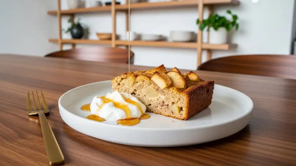 Serving oatmeal apple breakfast bake with yogurt in modern kitchen