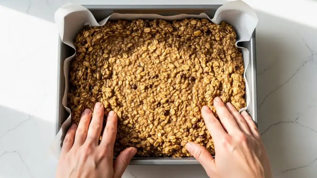 spreading banana oatmeal mixture into pan