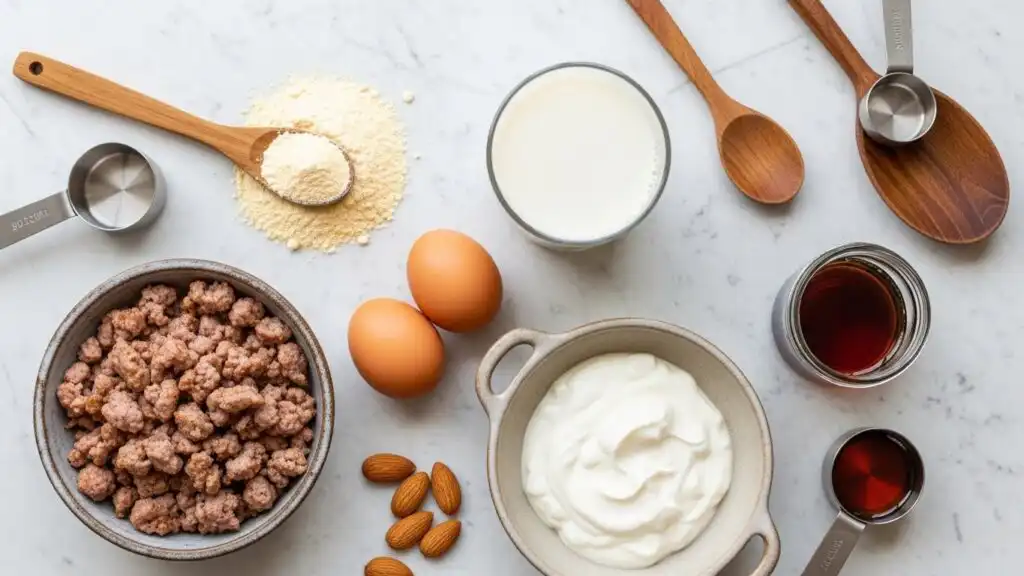 Whole ingredients for high-protein pancake sausage muffins on countertop