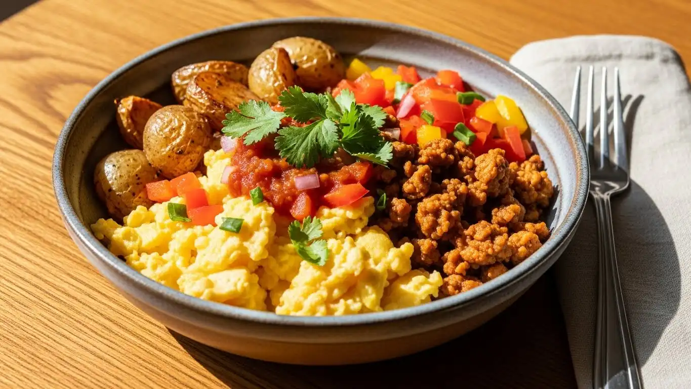 Tex-Mex breakfast bowl with scrambled eggs, roasted vegetables, and chipotle chicken