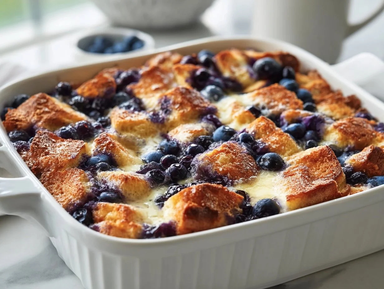Every Meal, Made Irresistible 7 Delicious blueberry french toast casserole on a plate with fresh blueberries