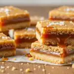 Classic Salted Caramel Butter Bars Made Easy 3 Salted caramel butter bars on a rustic wooden table in bright natural light, gooey caramel texture, cozy home kitchen background.”