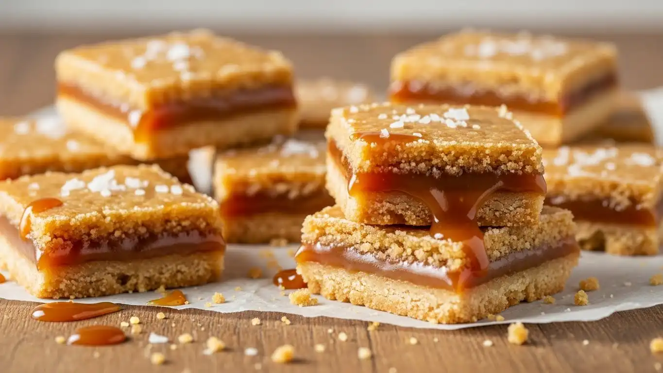 Salted caramel butter bars on a rustic wooden table in bright natural light, gooey caramel texture, cozy home kitchen background.”