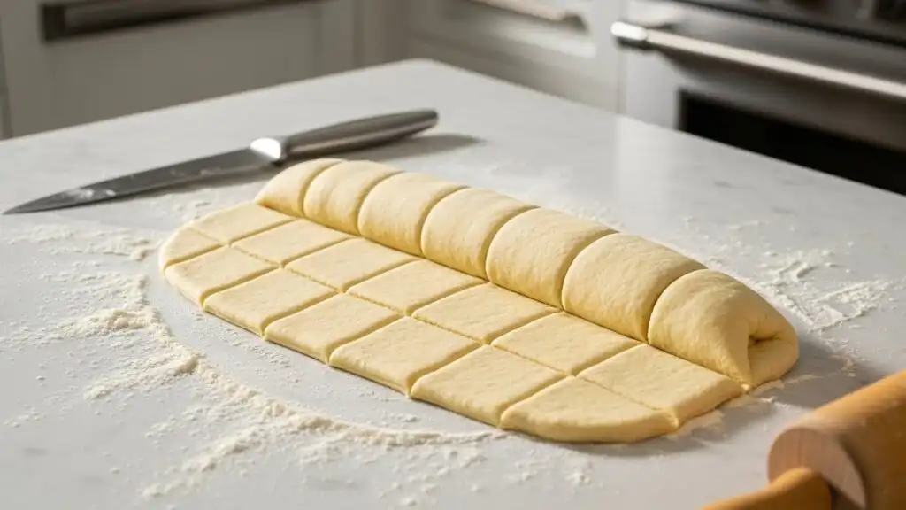 Cutting beignet dough into squares