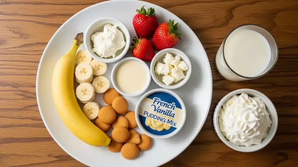 The Best Strawberry Banana Pudding Dream for Every Occasion 6 Ingredients for strawberry banana pudding dream dessert arranged on a white plate with vanilla wafers, bananas, strawberries, cream cheese, pudding mix, and milk