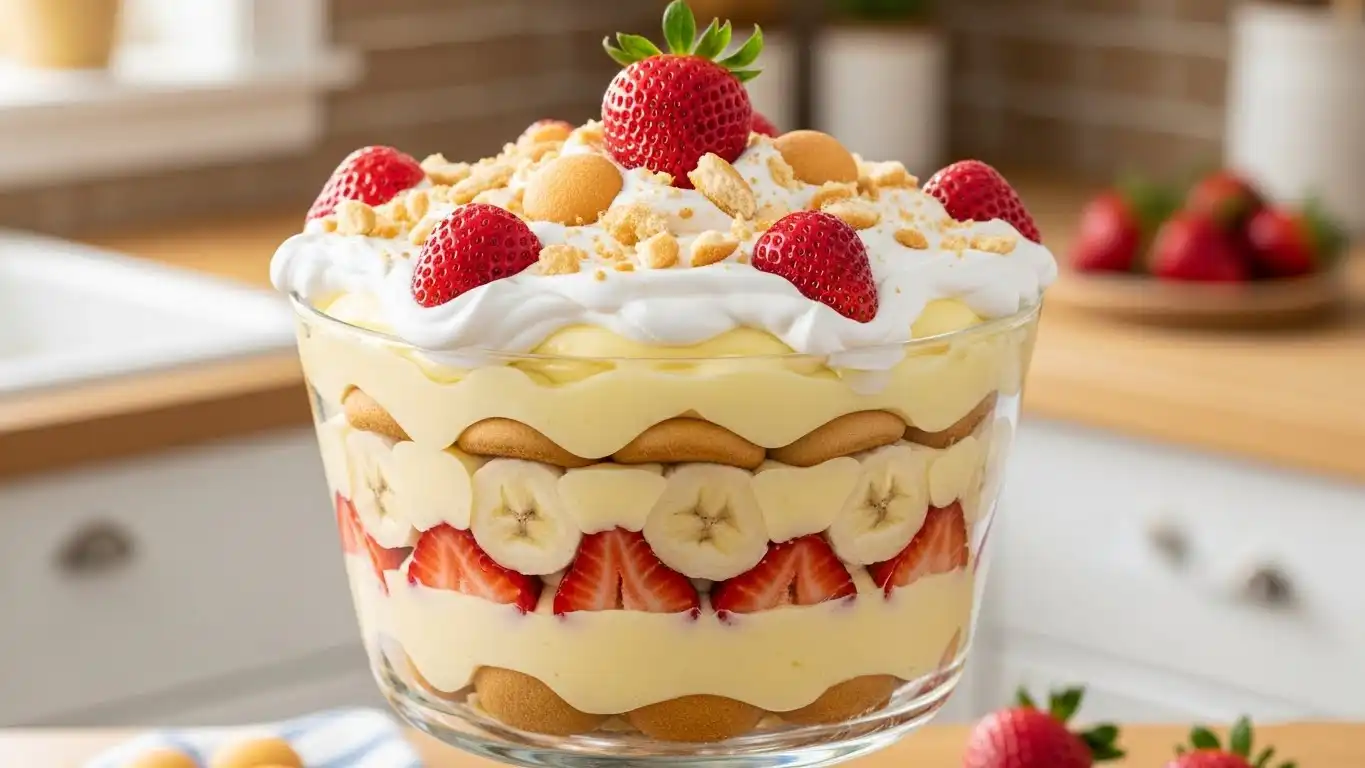 Layered strawberry banana pudding dream dessert with vanilla wafers, sliced bananas, fresh strawberries, and whipped cream in a glass dish