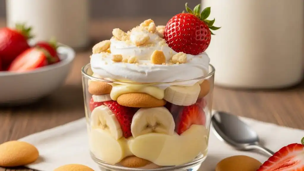 The Best Strawberry Banana Pudding Dream for Every Occasion 8 individual serving of strawberry banana pudding dream dessert in a clear glass cup with layers of vanilla wafers, bananas, strawberries, and whipped cream