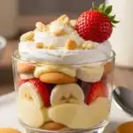 The Best Strawberry Banana Pudding Dream for Every Occasion 9 individual serving of strawberry banana pudding dream dessert in a clear glass cup with layers of vanilla wafers, bananas, strawberries, and whipped cream