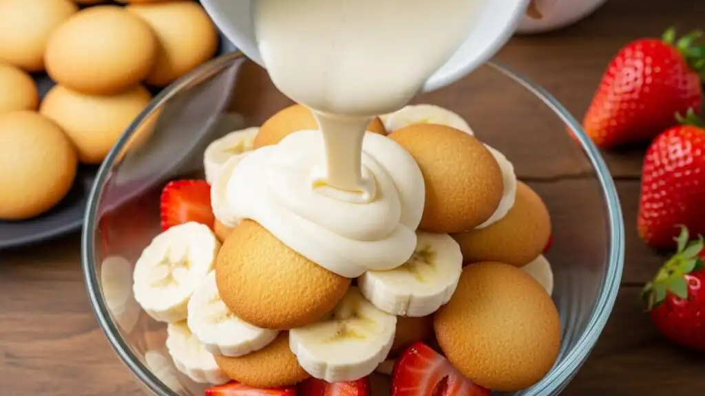 The Best Strawberry Banana Pudding Dream for Every Occasion 7 pouring thin creamy vanilla mixture from a cup over golden vanilla wafers, banana slices, and strawberries in a glass dish