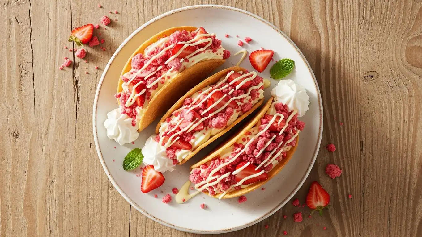 Strawberry Crunch Cheesecake Tacos on serving plate