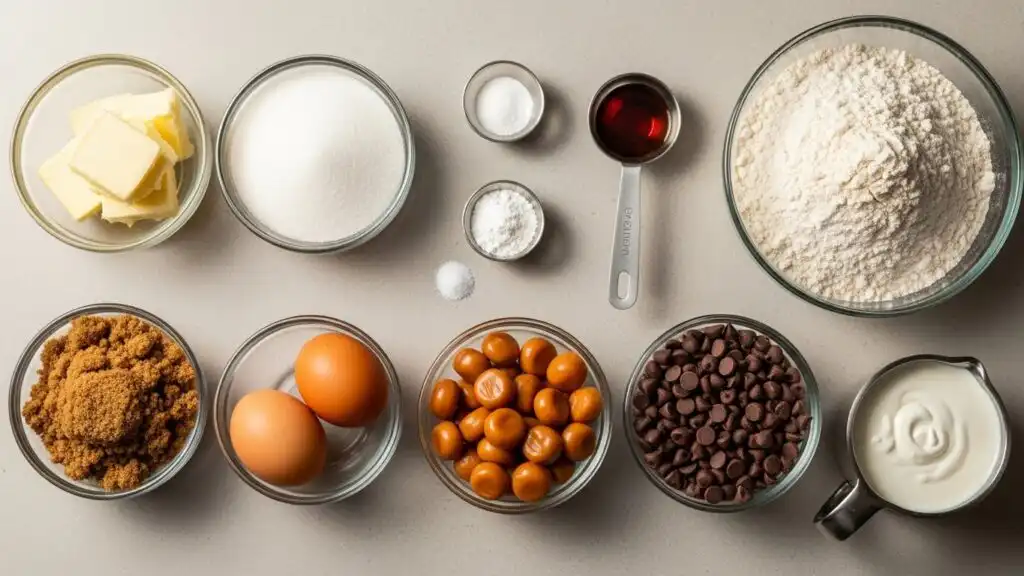 Ingredients for Twix cookies arranged neatly on kitchen counter