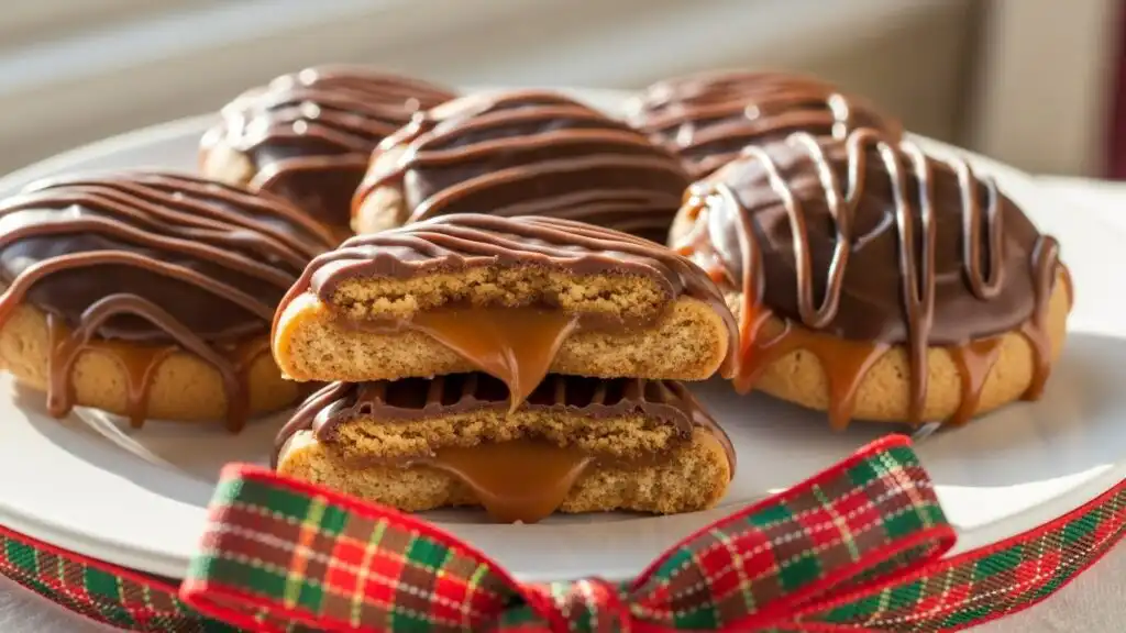 Holiday-styled Twix cookies served on a plate with caramel and chocolate topping