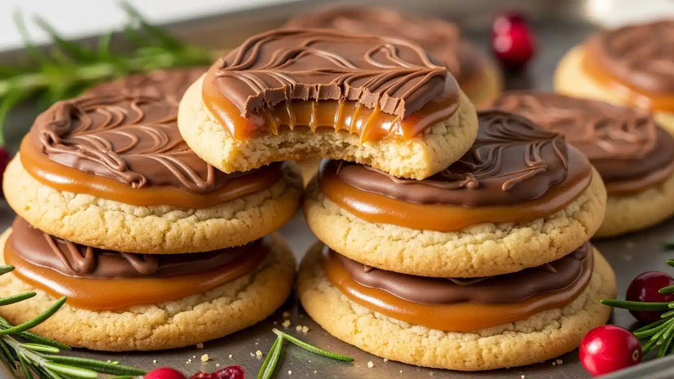 Stacked Twix cookies with caramel and chocolate swirl, one with a bite