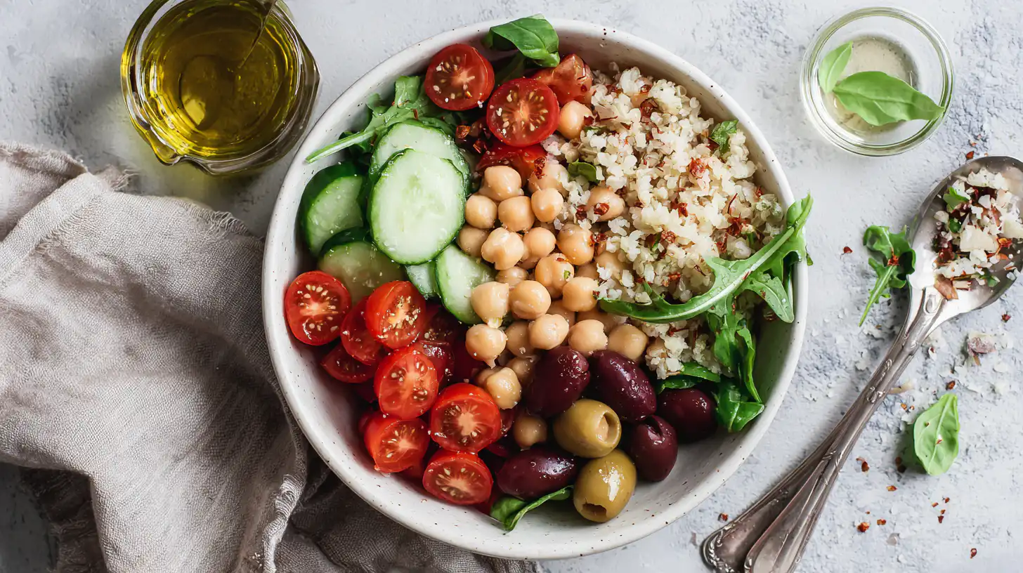 10 minute Mediterranean lunch with fresh vegetables and grains