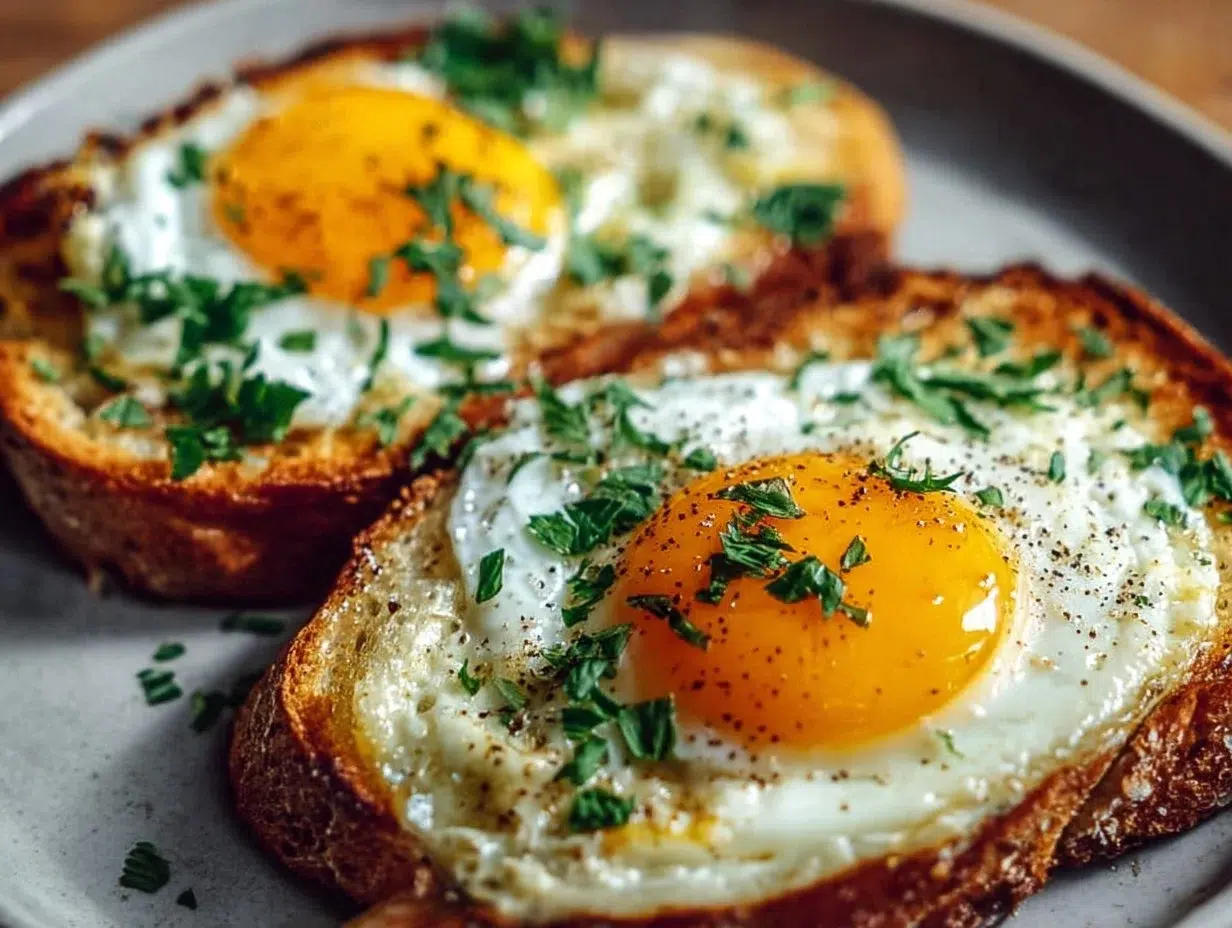 Air fryer egg and cheese toast served on a plate with herbs and spices.