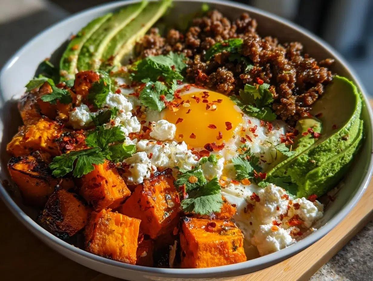Protein ground beef power bowl with vegetables and grains