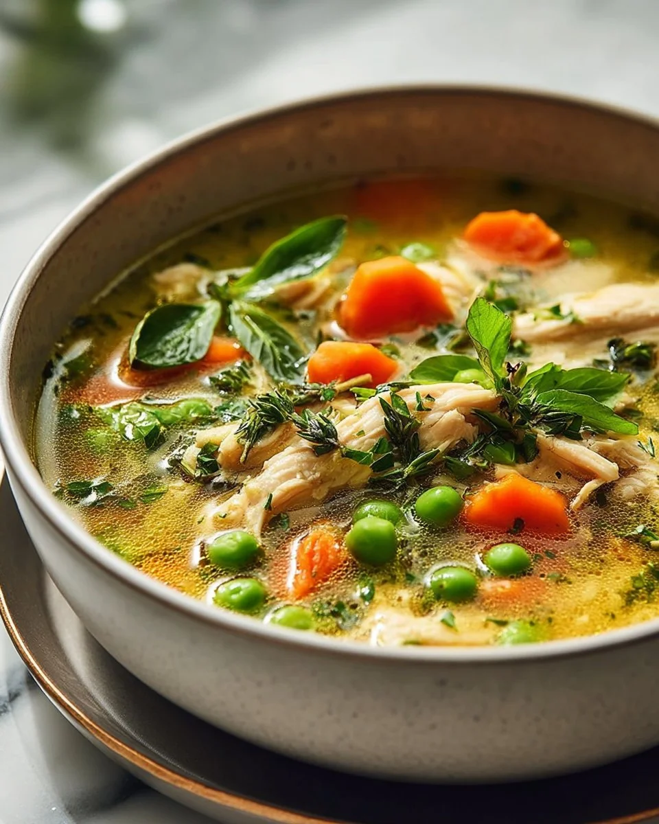 Bowl of anti-inflammatory creamy chicken soup topped with herbs