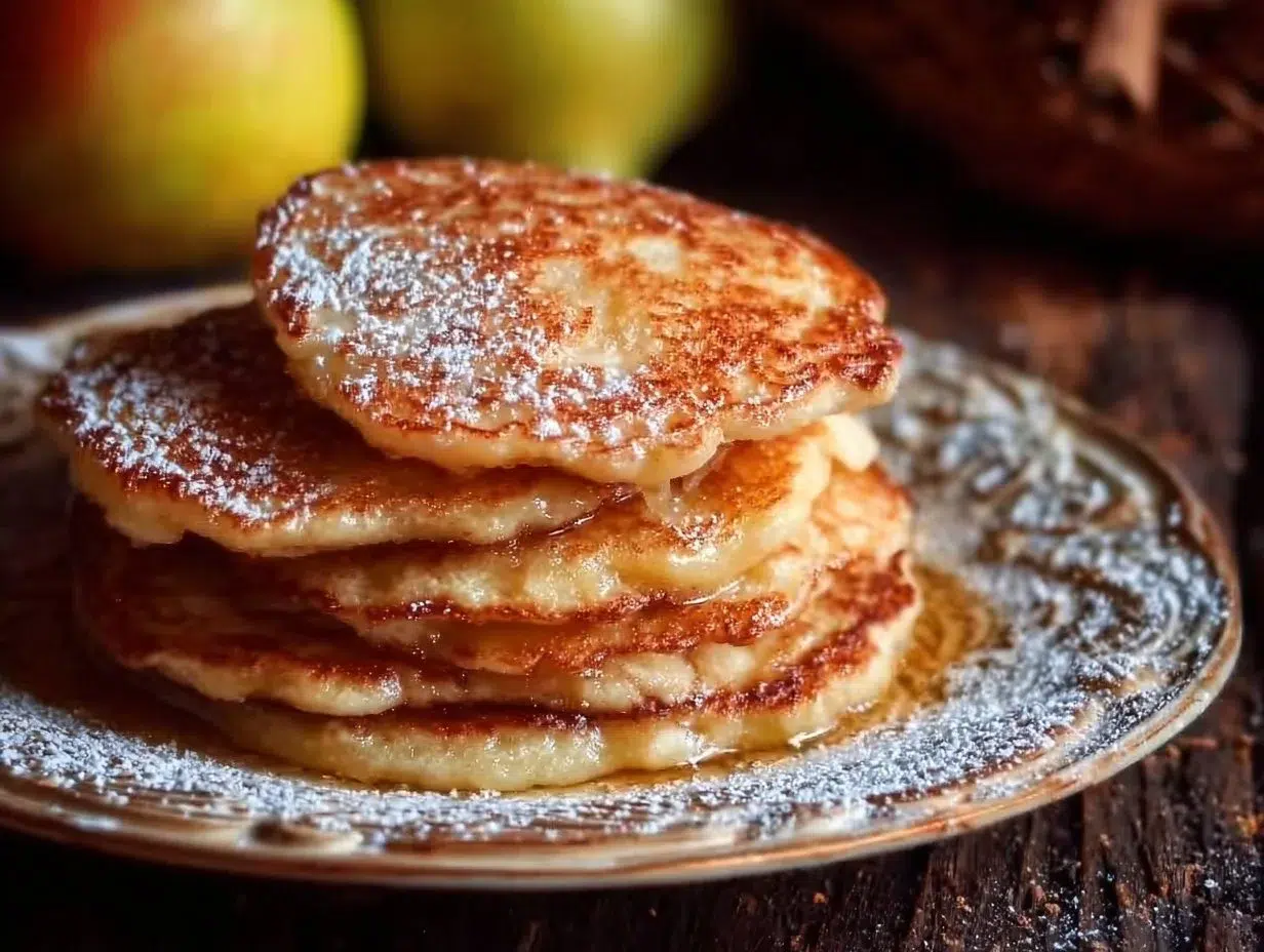 Delicious apple yogurt pancakes topped with fresh fruit and syrup.