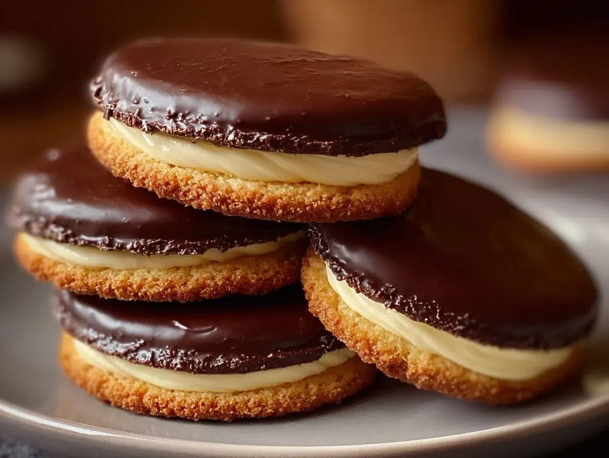 Delicious Boston Cream Pie Cookies with chocolate glaze and vanilla cream filling
