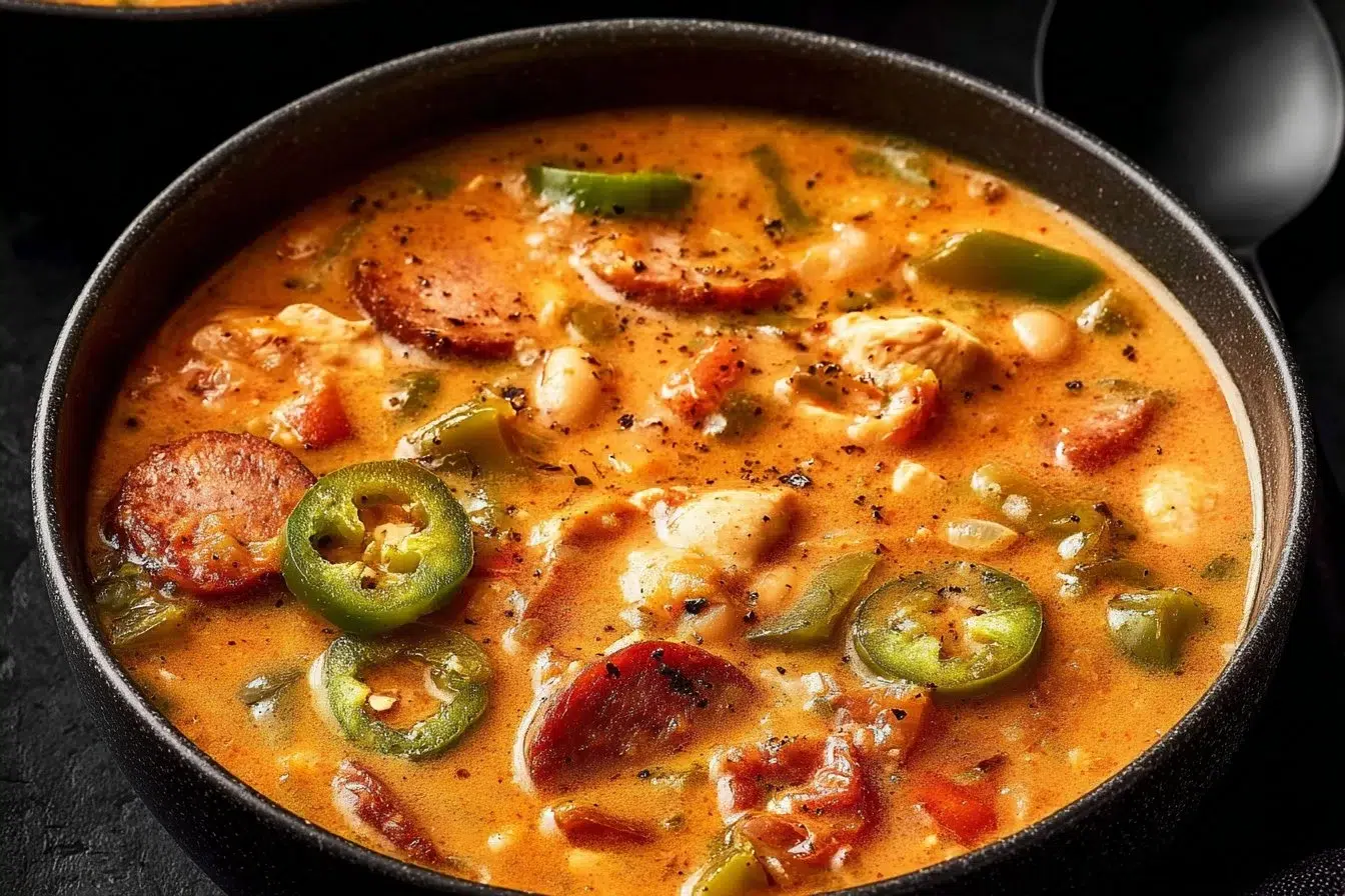 Bowl of delicious Cajun white chicken chili with spices and toppings