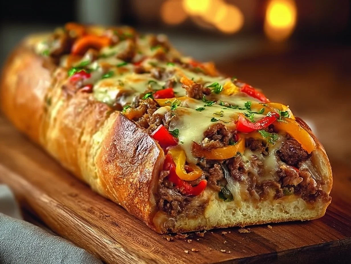 Every Meal, Made Irresistible 9 Cheesesteak stuffed garlic loaf with melted cheese and onions on a wooden board