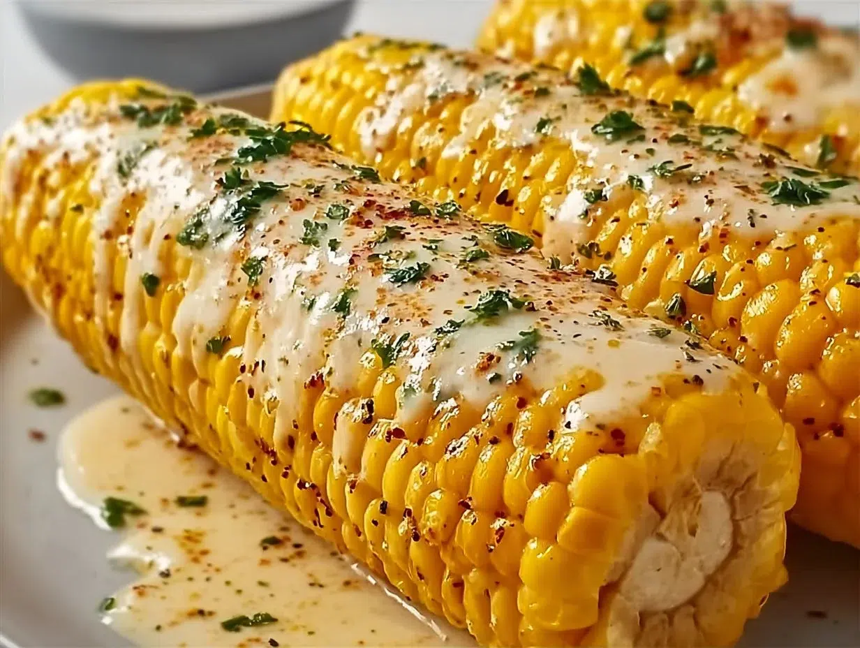 Cheesy garlic corn on the cob topped with melted cheese and herbs