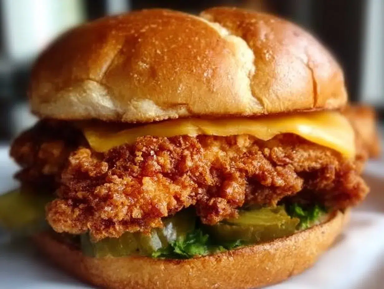 Chick-fil-A copycat crispy chicken sandwich on a plate with pickles and sauce