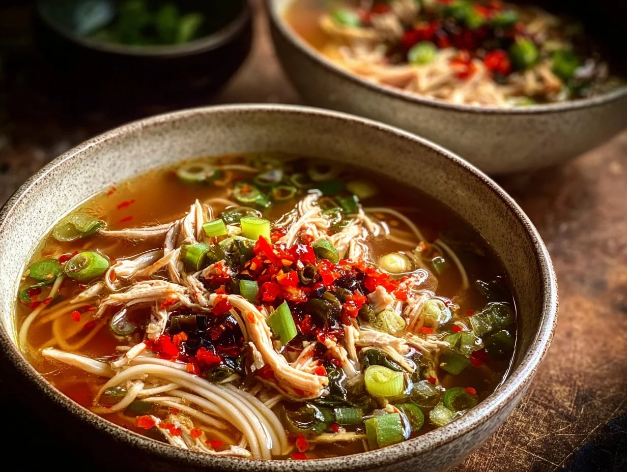 Bowl of Classic Ginger Garlic Chicken Noodle Soup garnished with herbs