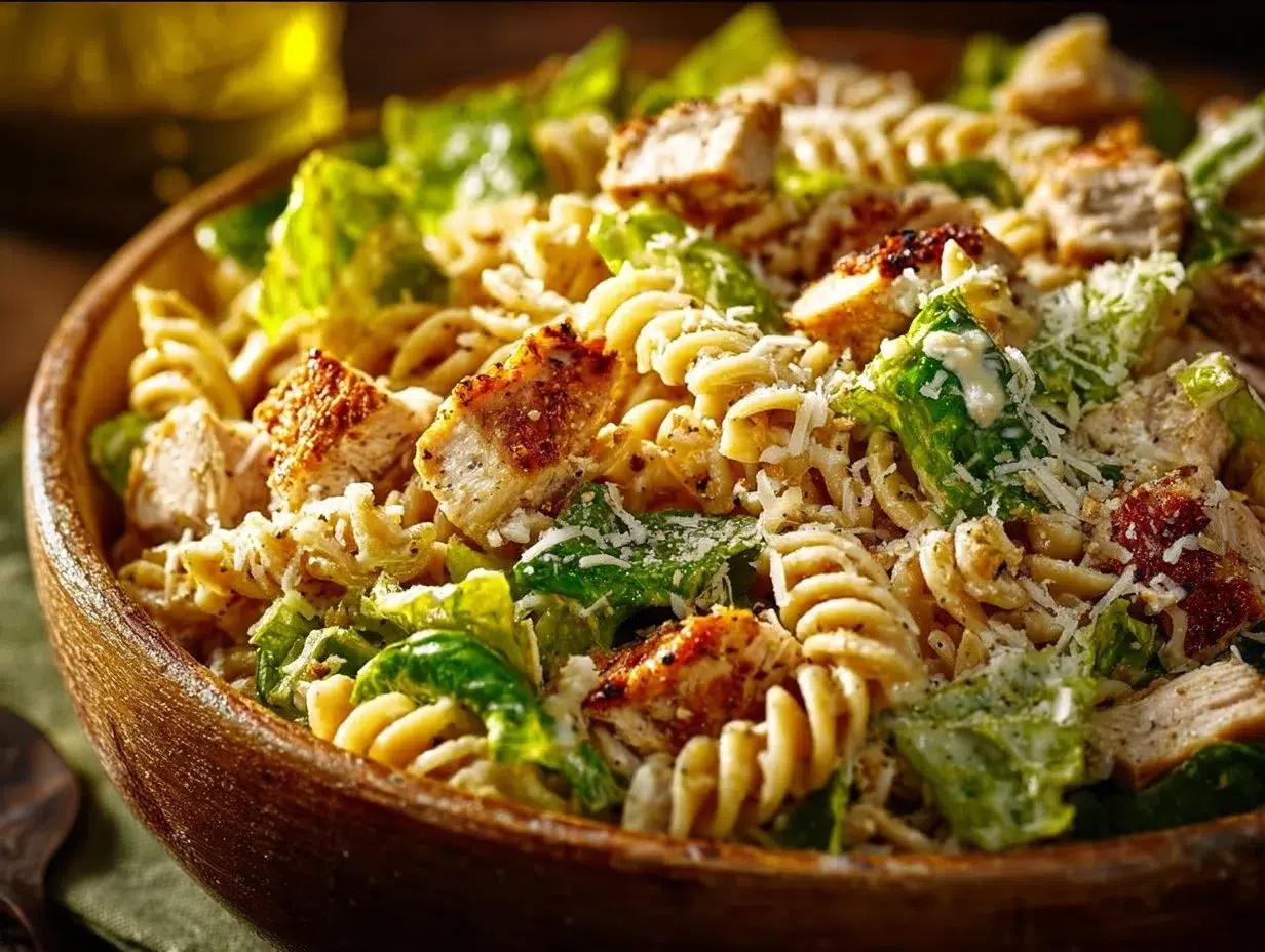 Creamy Caesar Pasta Salad with fresh ingredients and dressing