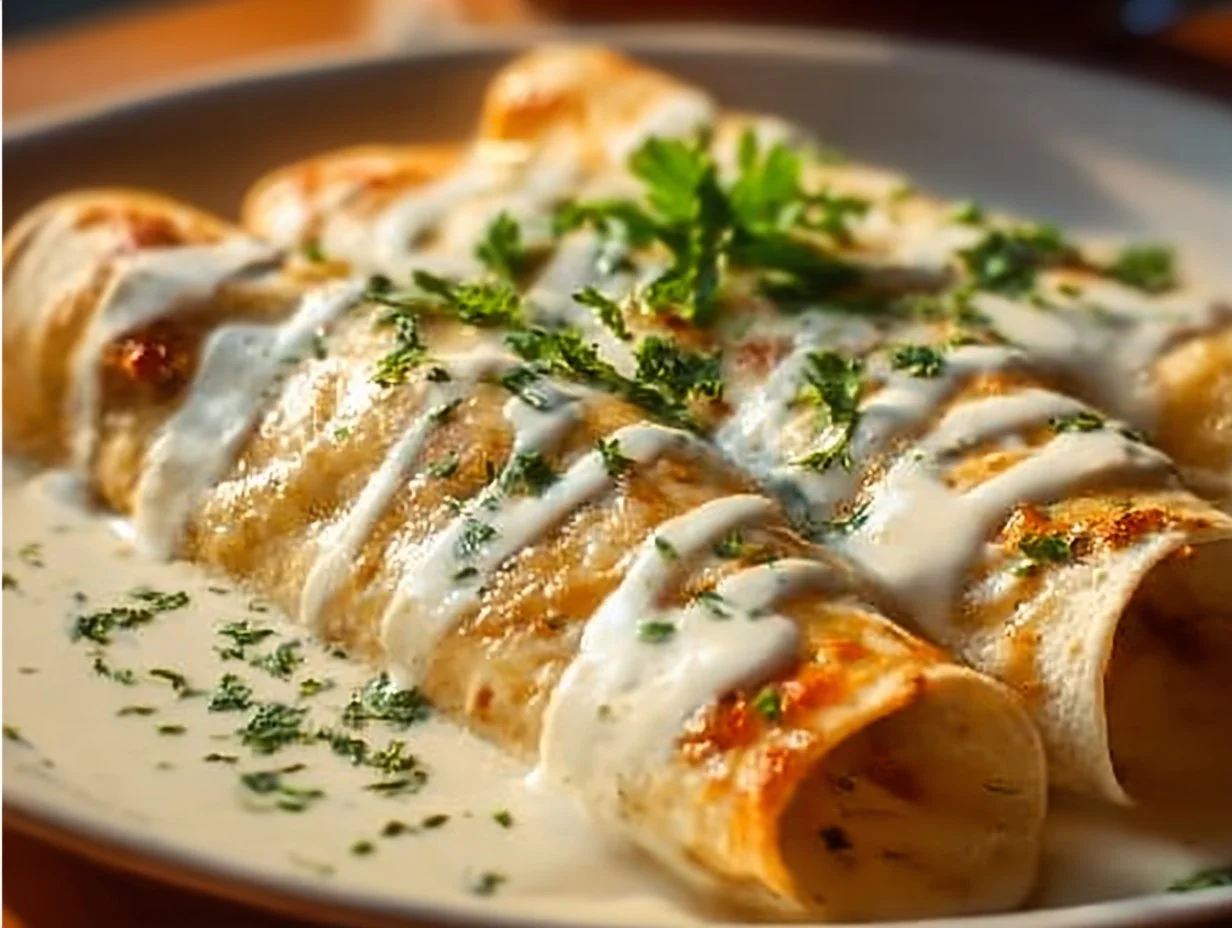 Creamy chicken enchiladas with sour cream sauce on a plate