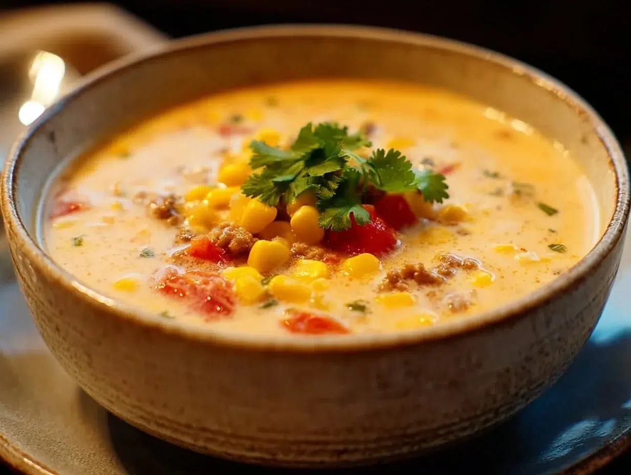 Bowl of creamy Cowboy Soup garnished with herbs and vegetables