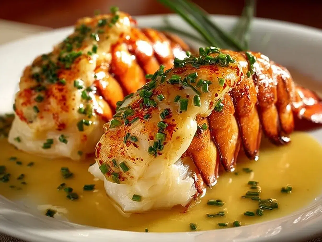 Creamy garlic butter lobster tails ready to serve, showcasing juicy seafood delicacy.