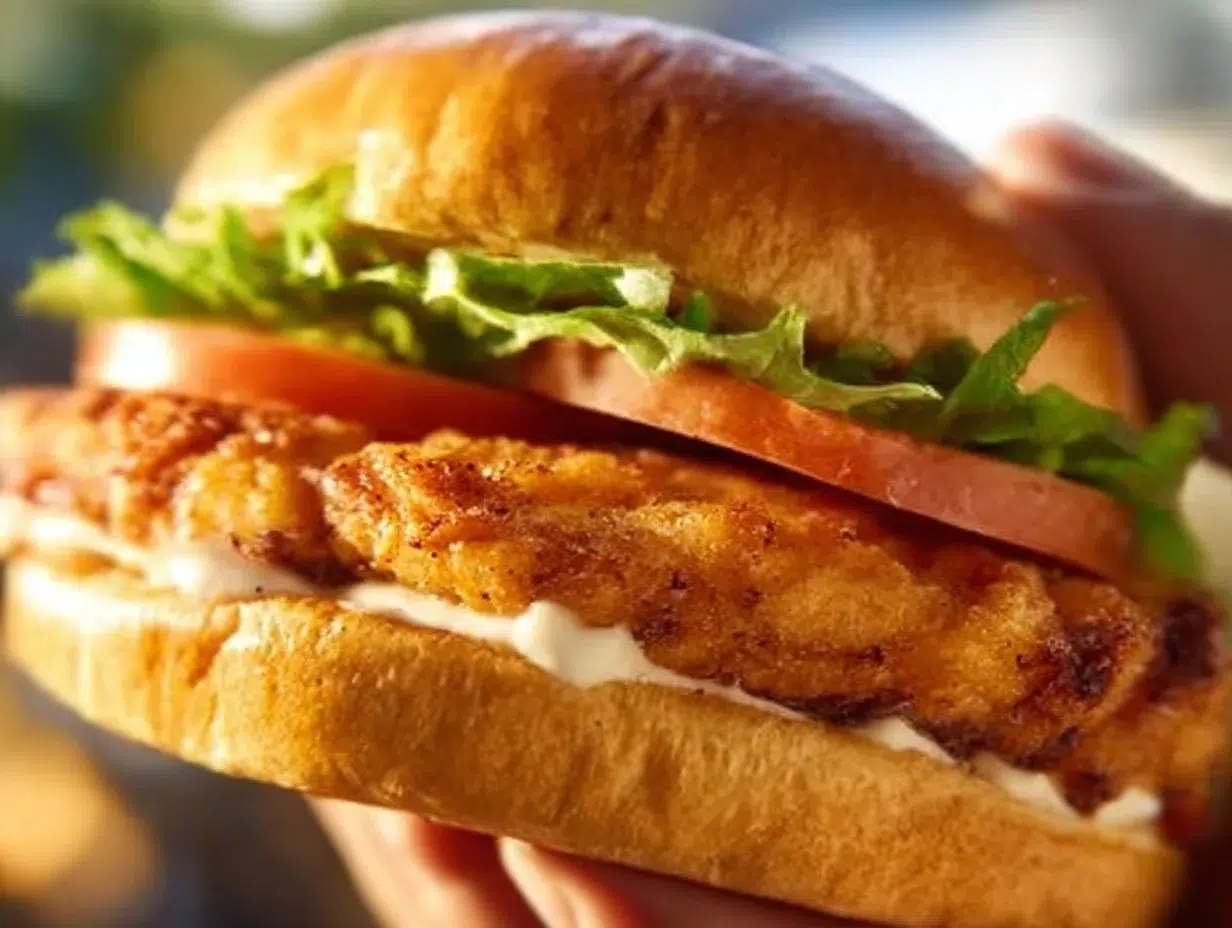 Delicious Crispy Chicken Sandwich Deluxe with toppings and a toasted bun