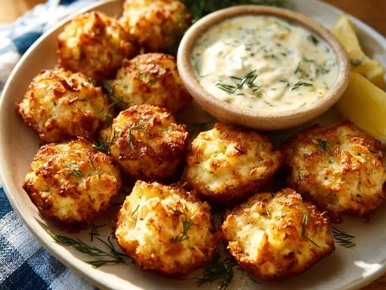 Every Meal, Made Irresistible 7 Crispy crab cake bites served with lemon-dill sauce on a plate