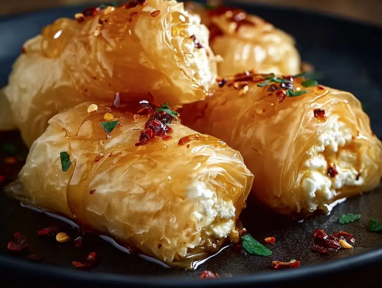 Delicious crispy feta rolls served on a platter.