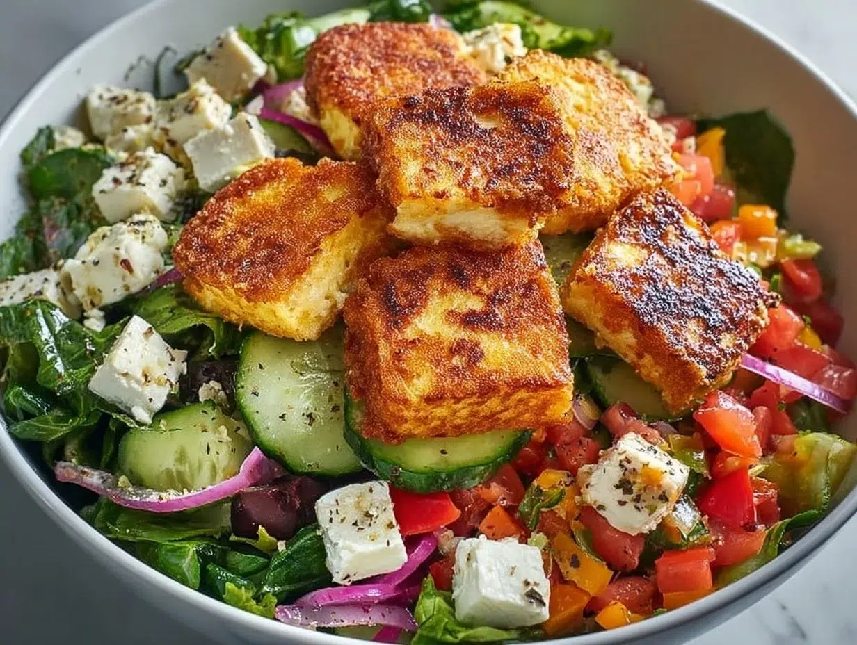 Crispy Halloumi Greek Power Bowl with fresh vegetables and herbs.