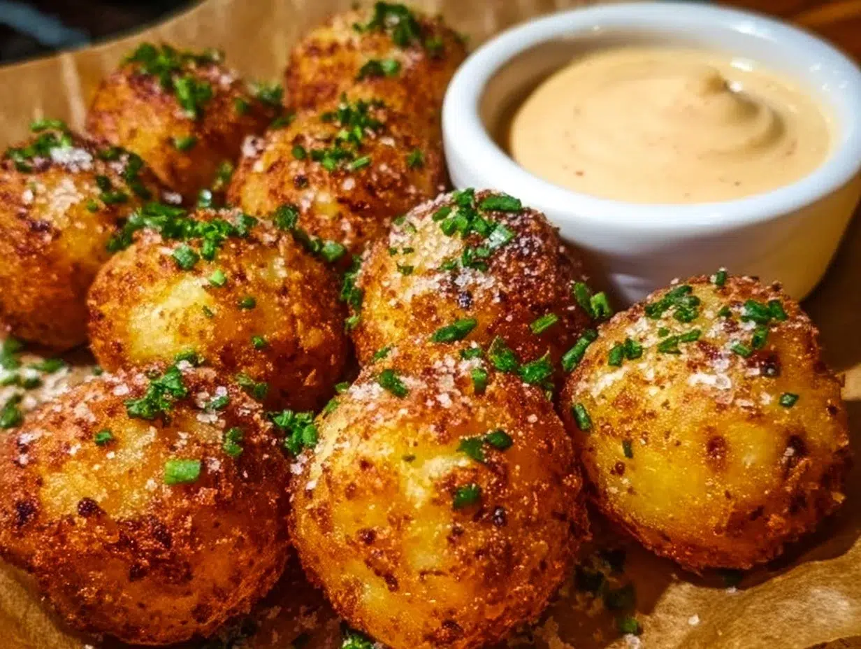 Crispy Parmesan Potato Bites served on a plate with a dipping sauce