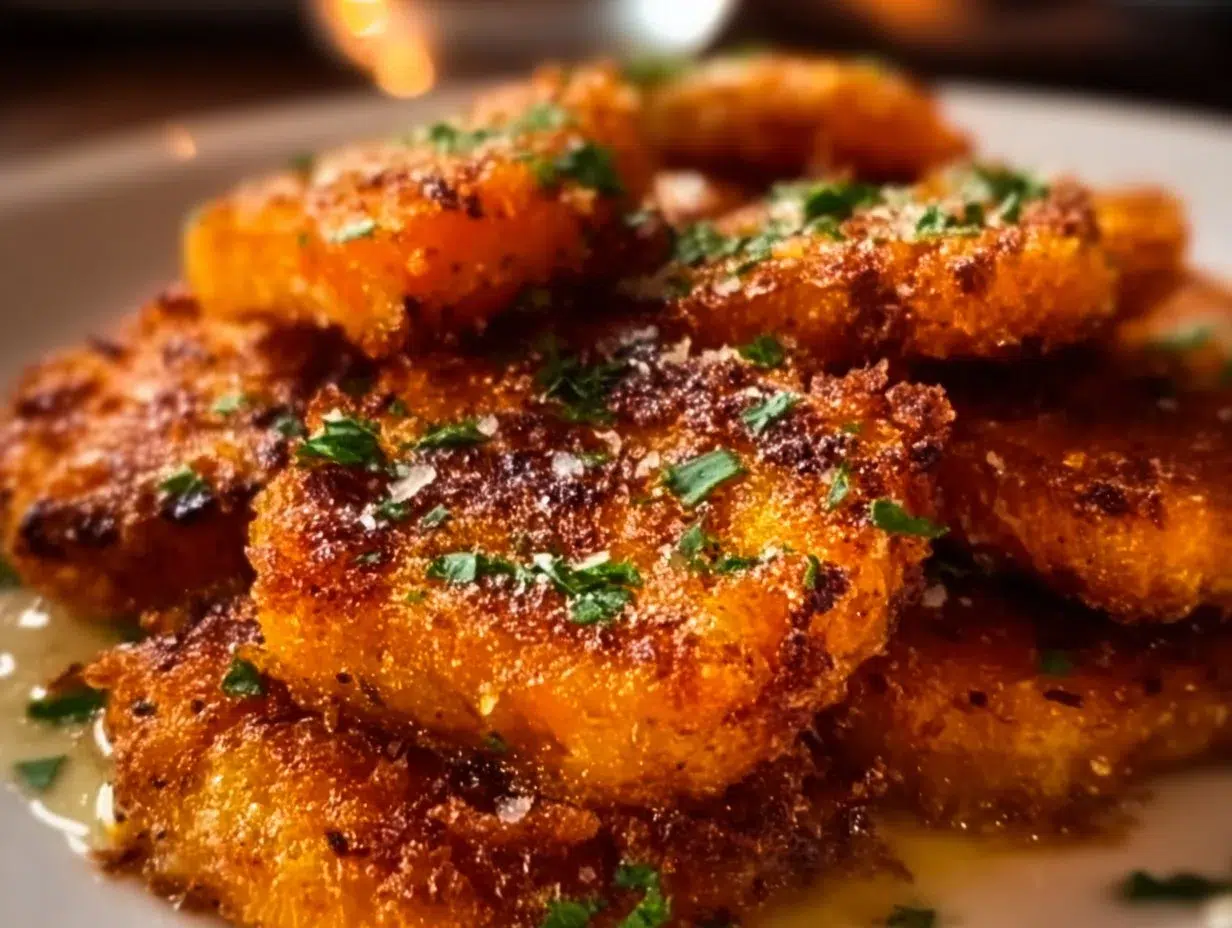 Crispy smashed carrots served on a plate with herbs and spices.