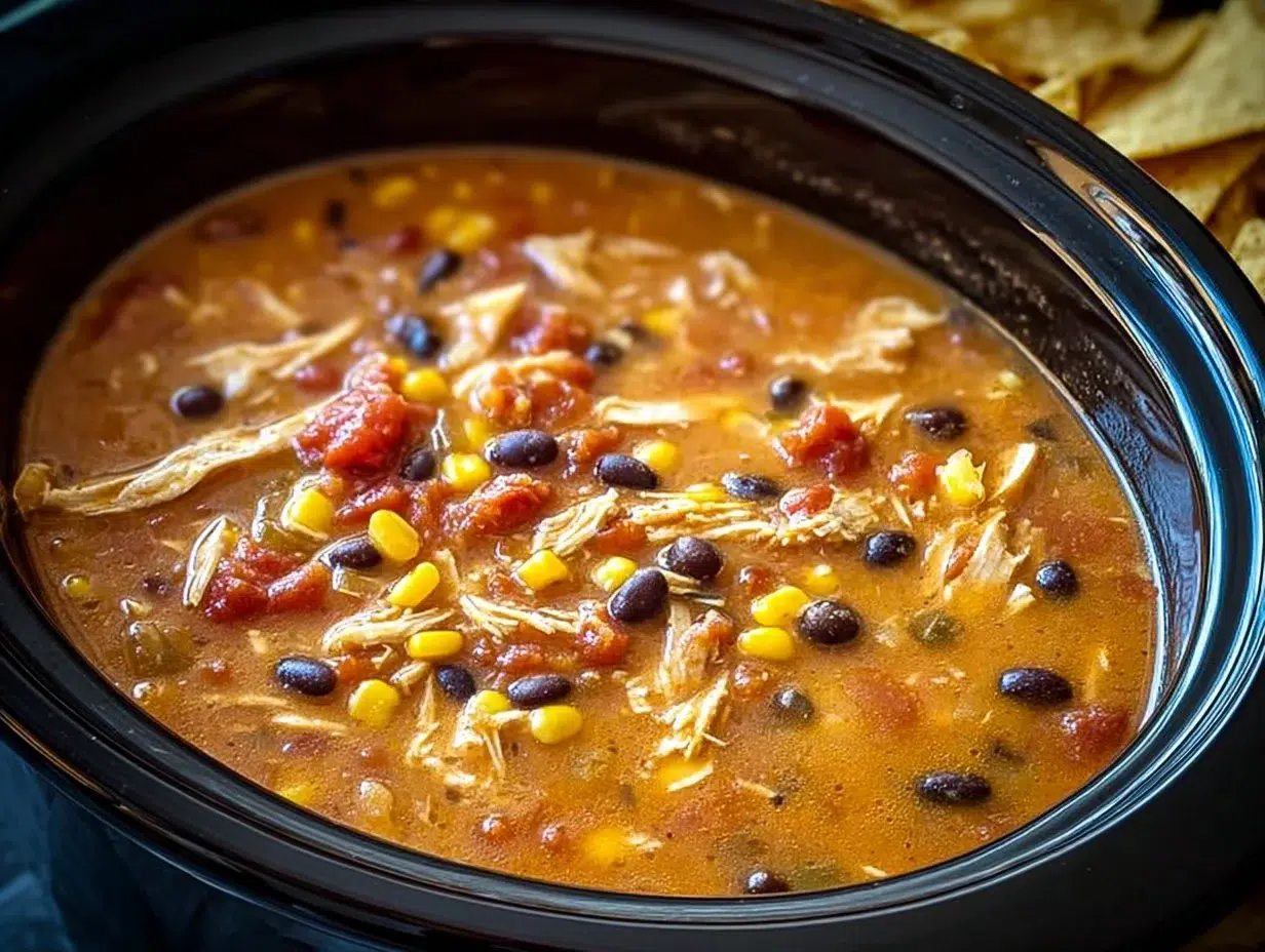 Bowl of Crockpot Chicken Tortilla Soup garnished with tortilla strips and avocado