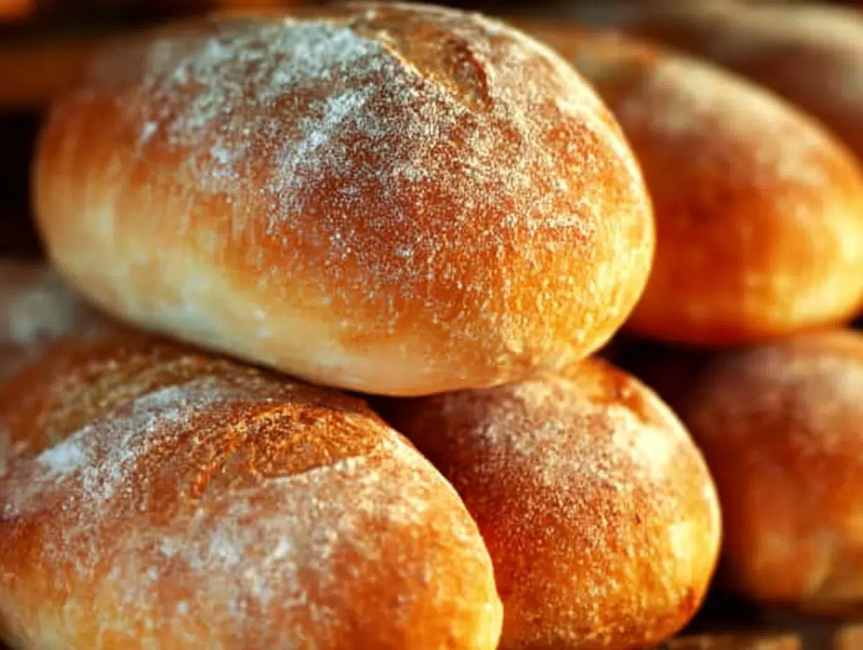 Every Meal, Made Irresistible 10 Freshly baked crusty chewy French bread rolls on a wooden table.