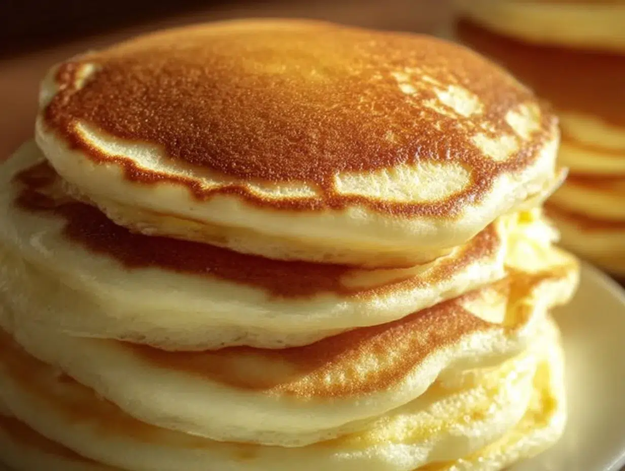 Stack of delicious homemade fluffy pancakes topped with syrup and berries