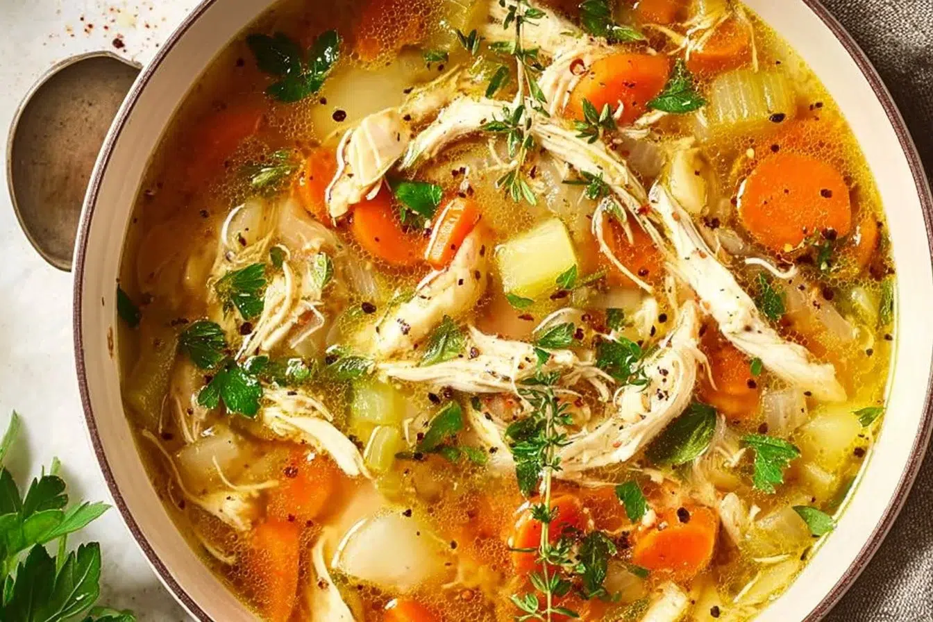 Bowl of easy and healthy homemade chicken soup with fresh vegetables