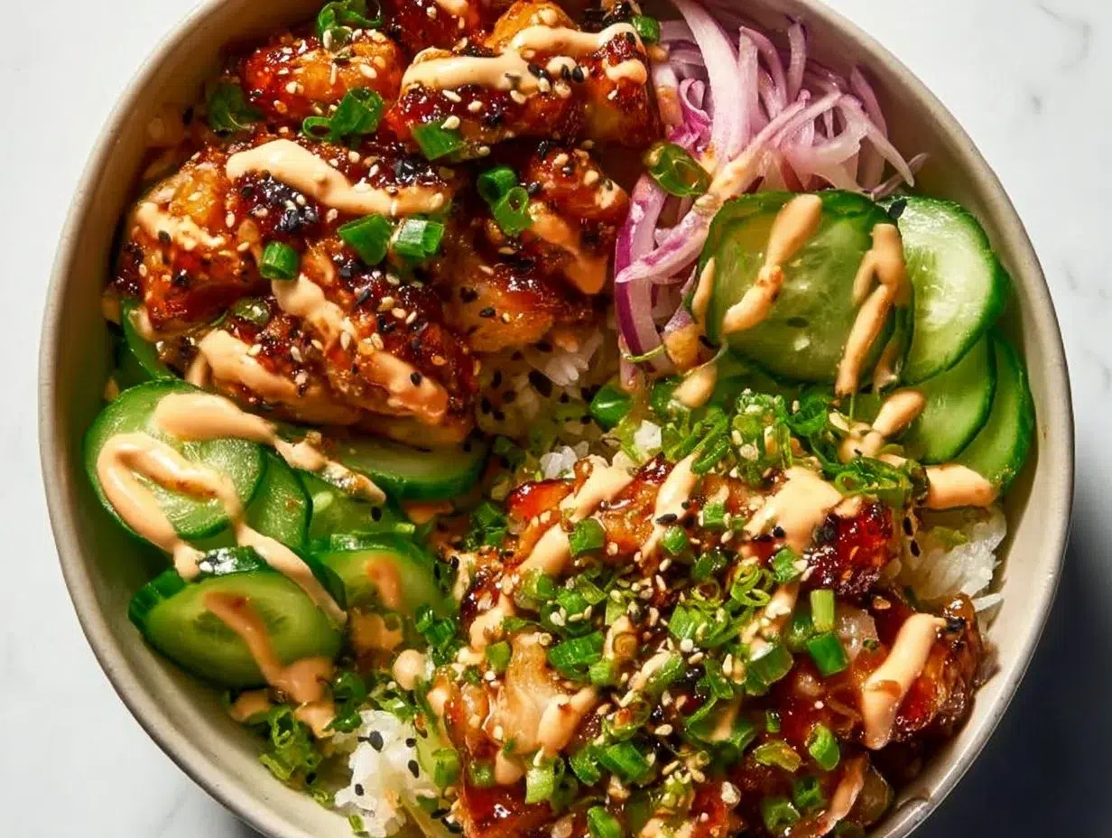 Delicious easy Bang Bang Chicken Bowl with sweet, spicy, and creamy flavors.