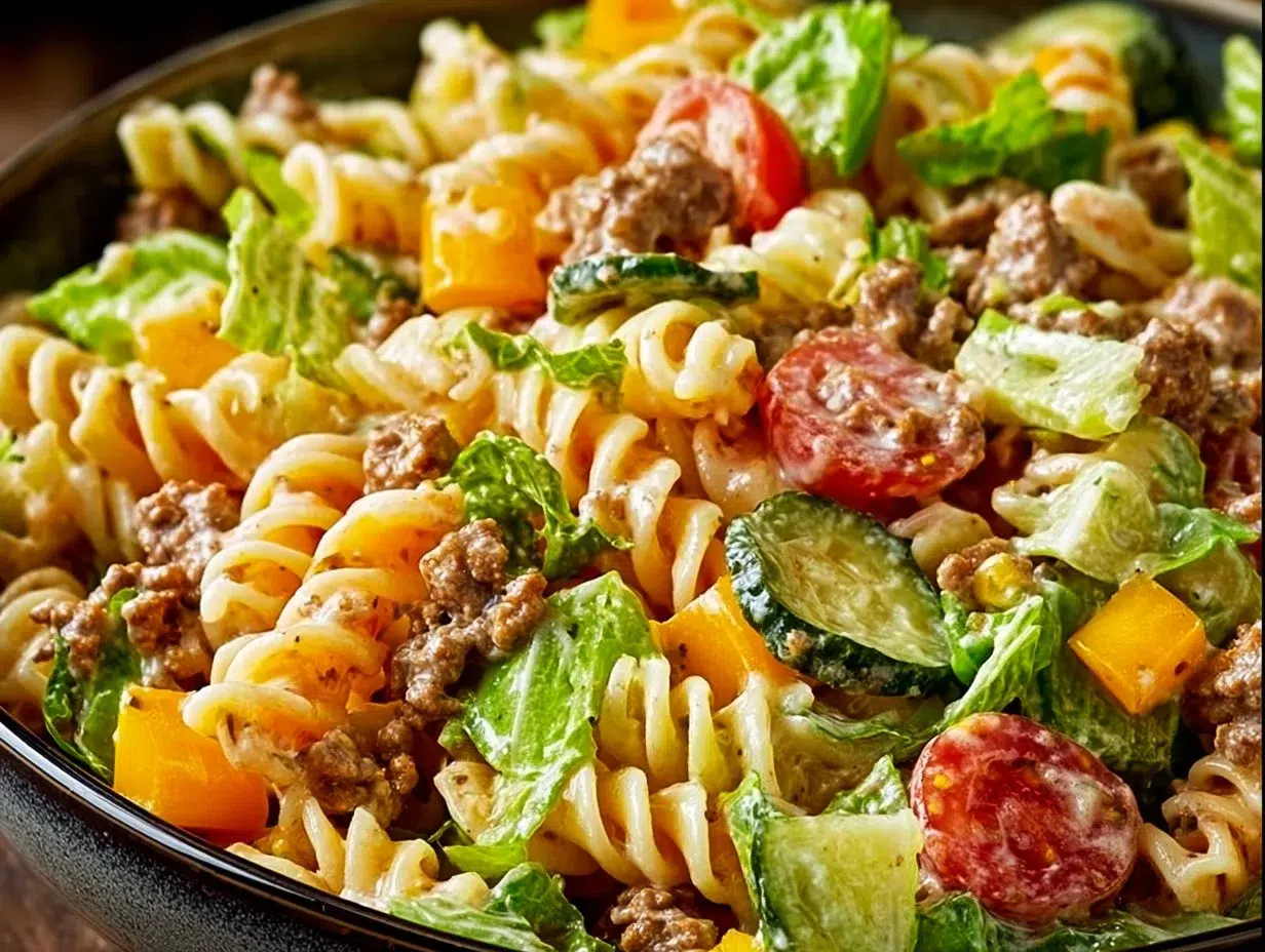 Bowl of Easy Big Mac Pasta Salad with fresh ingredients