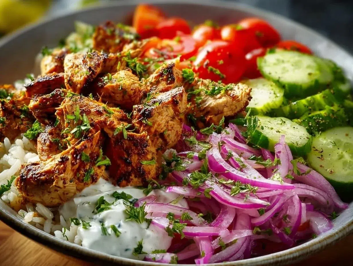 Easy Chicken Shawarma Bowl topped with fresh vegetables and sauce